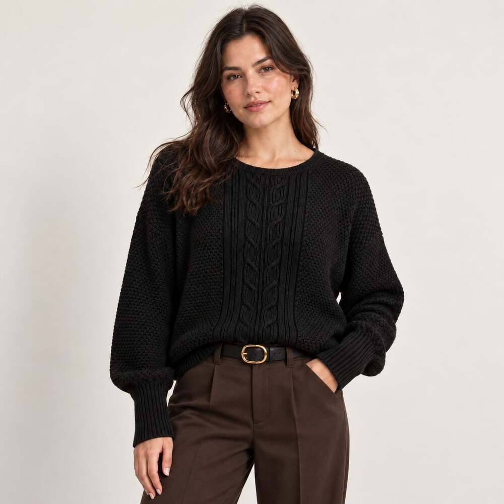 Chaps Ralph Lauren Black Cable Knit Fall Sweater Preppy Classic Size L